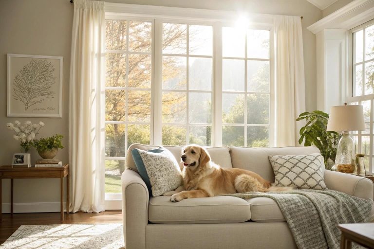 Clean modern sofa with dog in sunlight