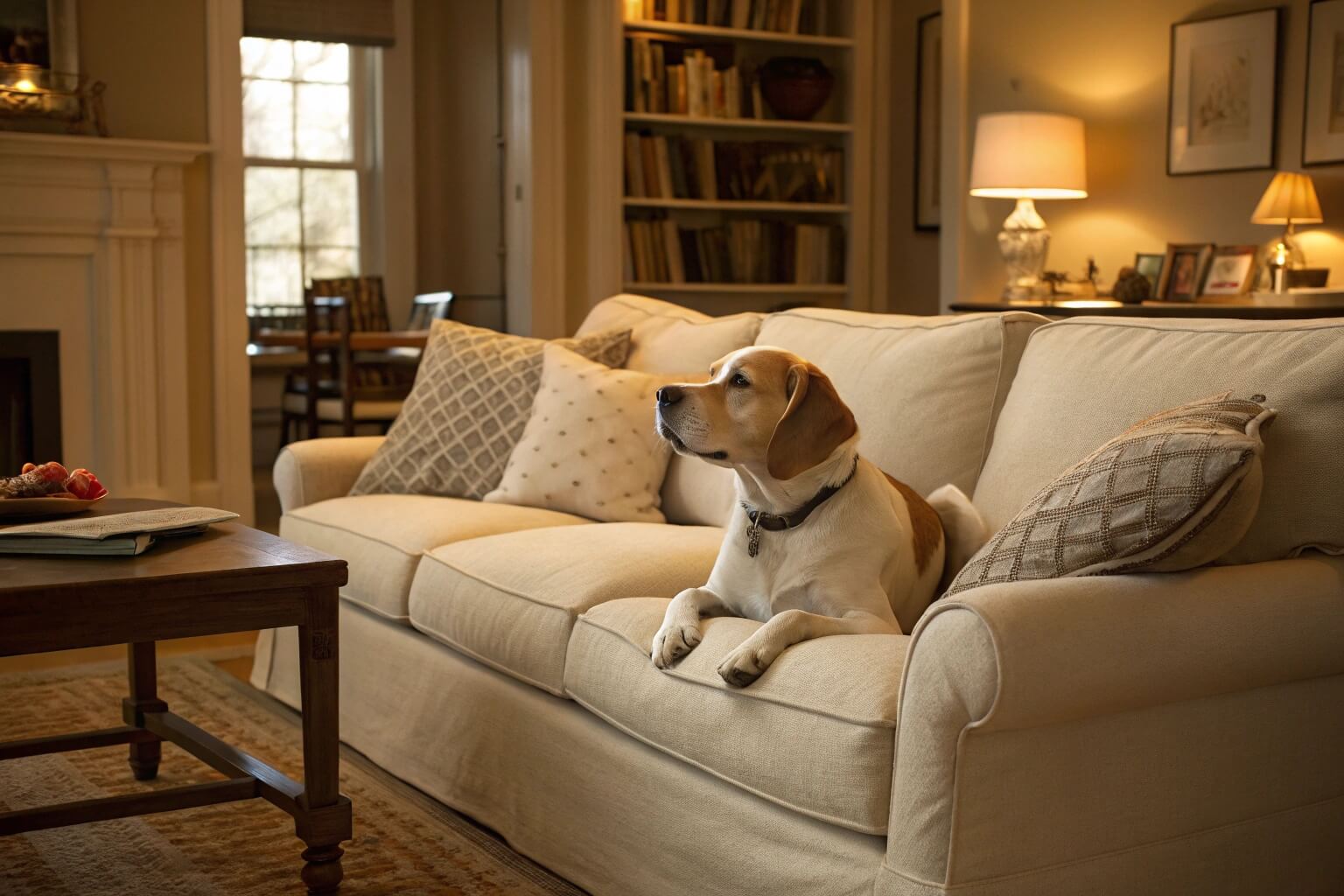 Clean sofa with dog