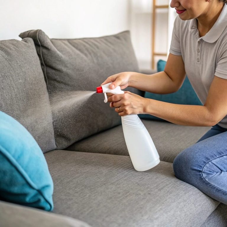 Spraying fabric softener on upholstery