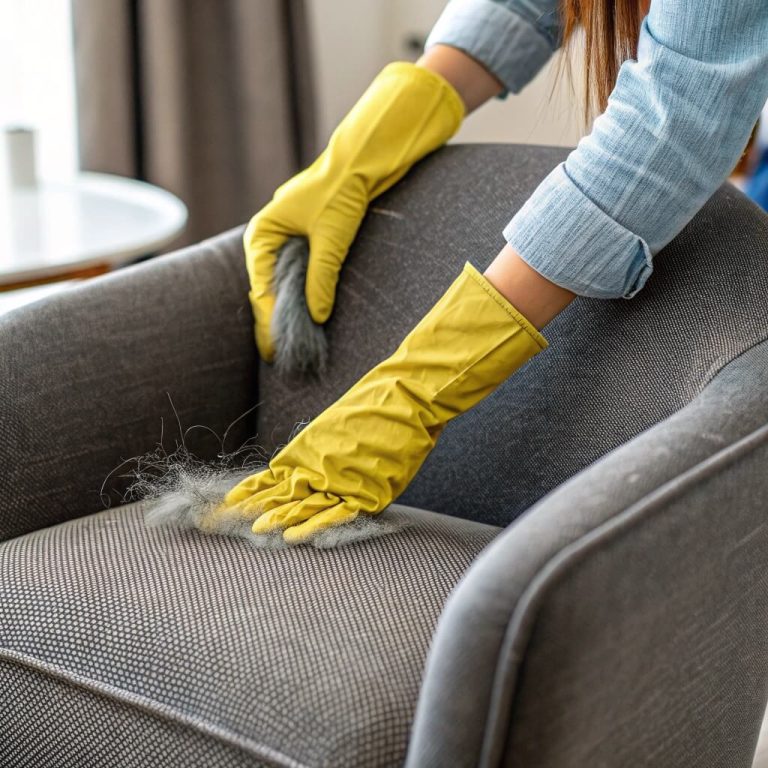 Rubber glove pulling pet hair from fabric