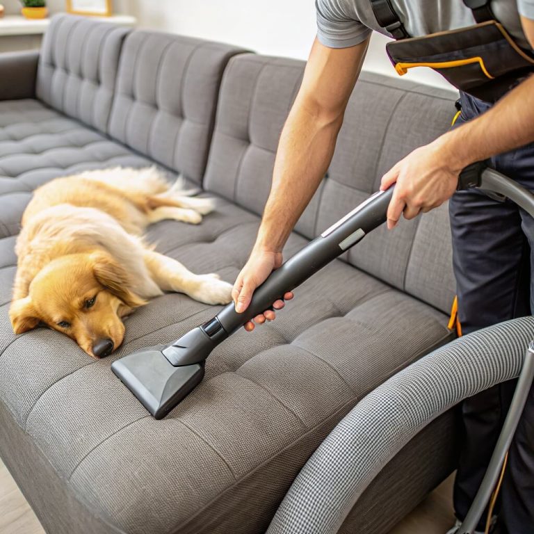 Cleaning specialist vacuuming upholstery