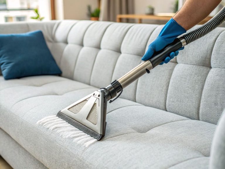 Vacuuming a fabric couch close-up