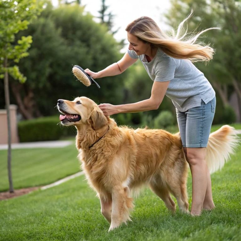 Brushing dog to reduce loose fur