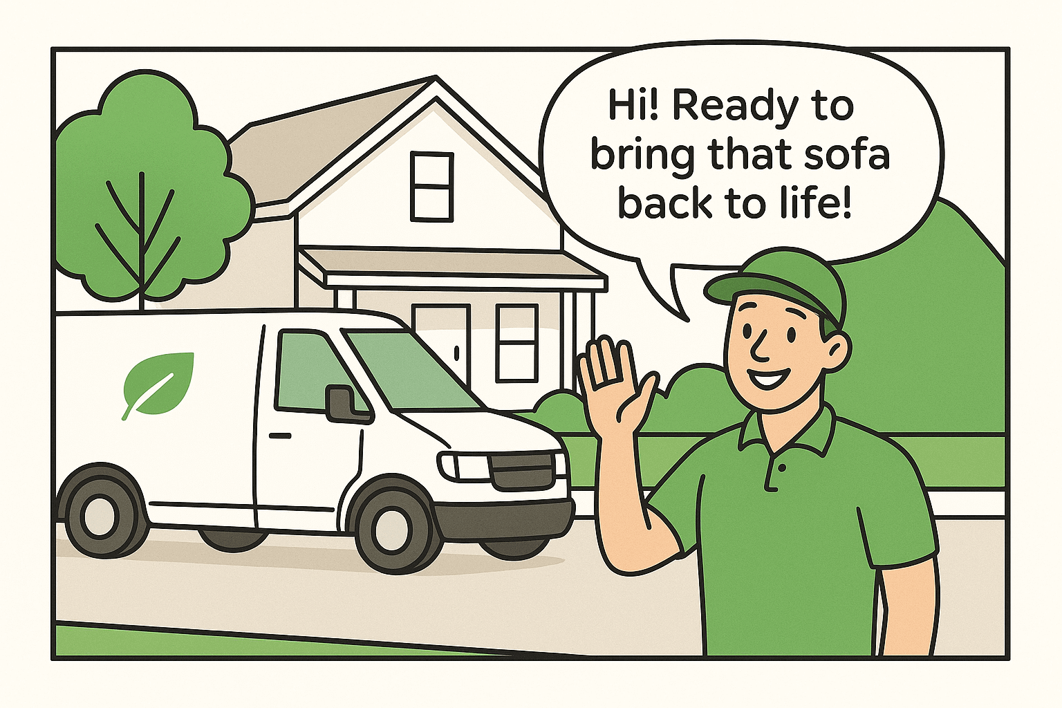 Cleaning van arrives and technician greets the client