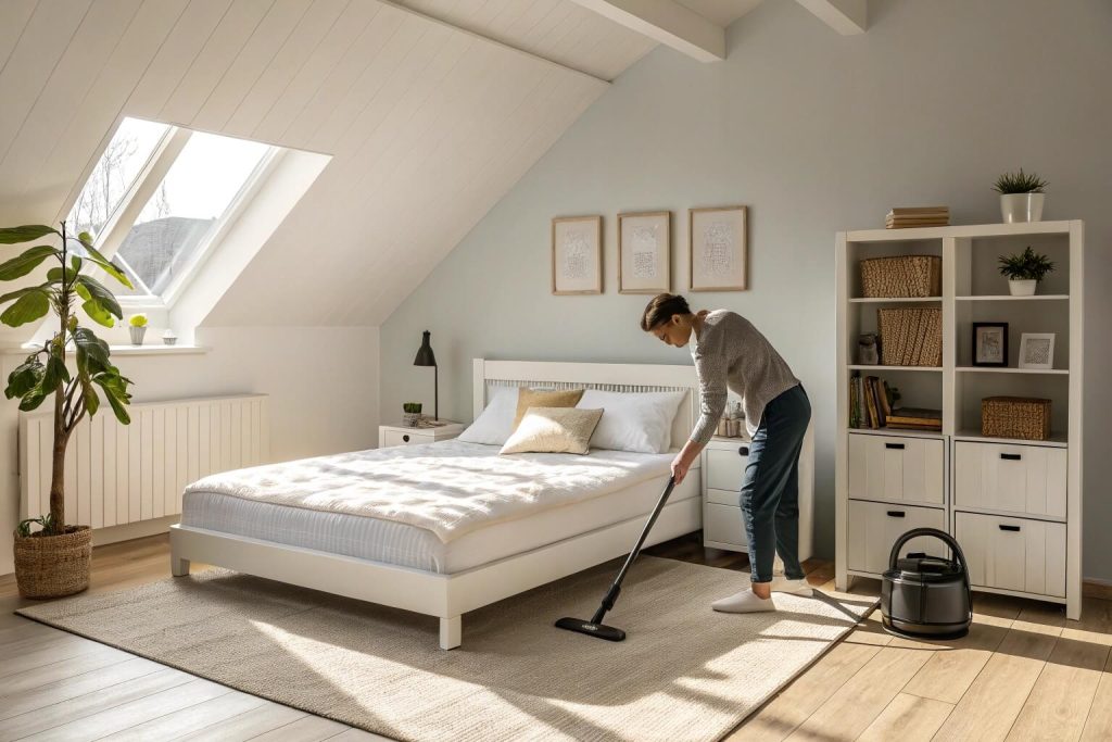Mattress being vacuumed in a bright modern bedroom with sunlight