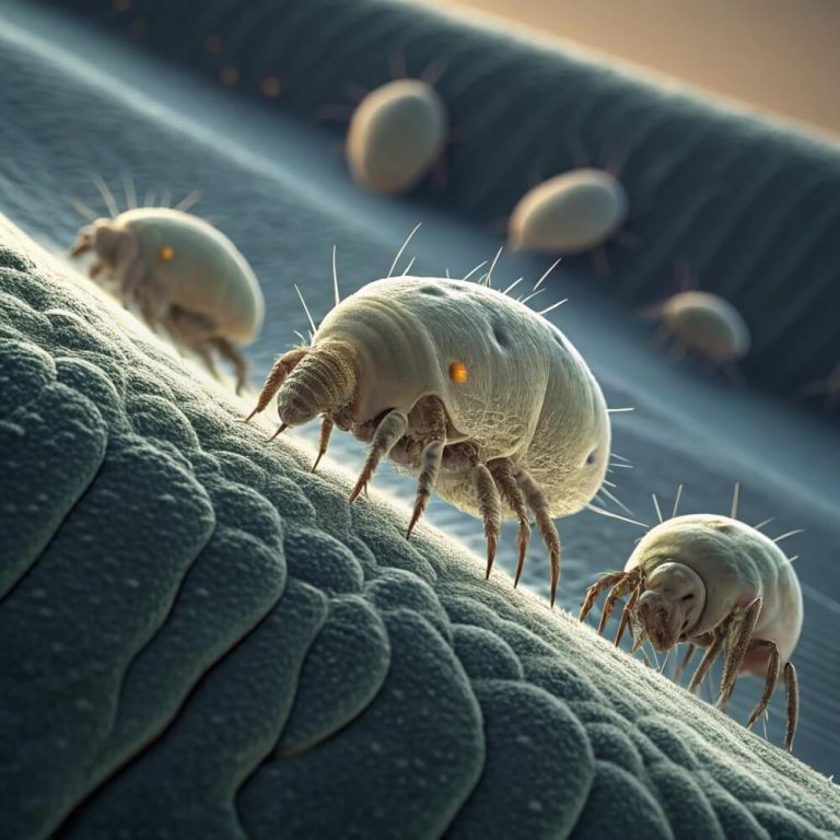 Microscopic view of dust mites causing allergens in mattresses