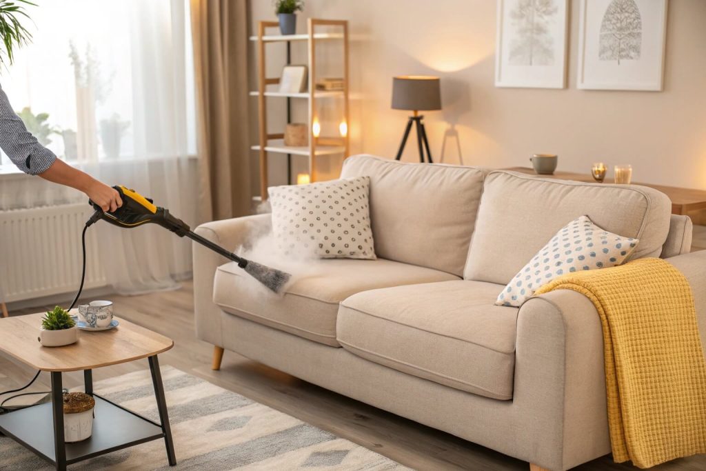 Steam cleaner sanitizing a fabric sofa in a clean modern living room Steam cleaning a modern upholstered couch