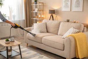 Steam cleaner sanitizing a fabric sofa in a clean modern living room Steam cleaning a modern upholstered couch