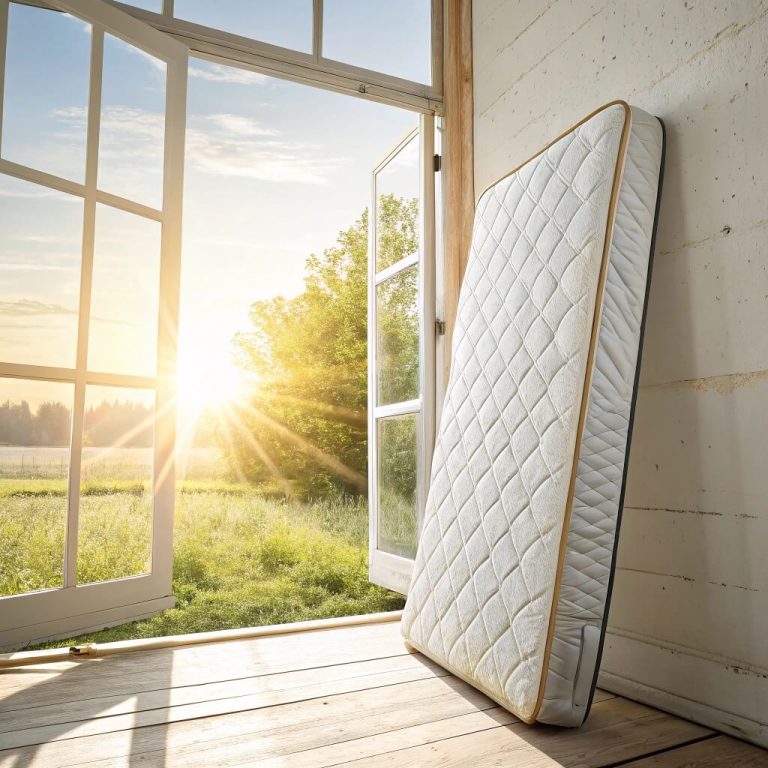 Cleaned mattress drying near window in natural sunlight