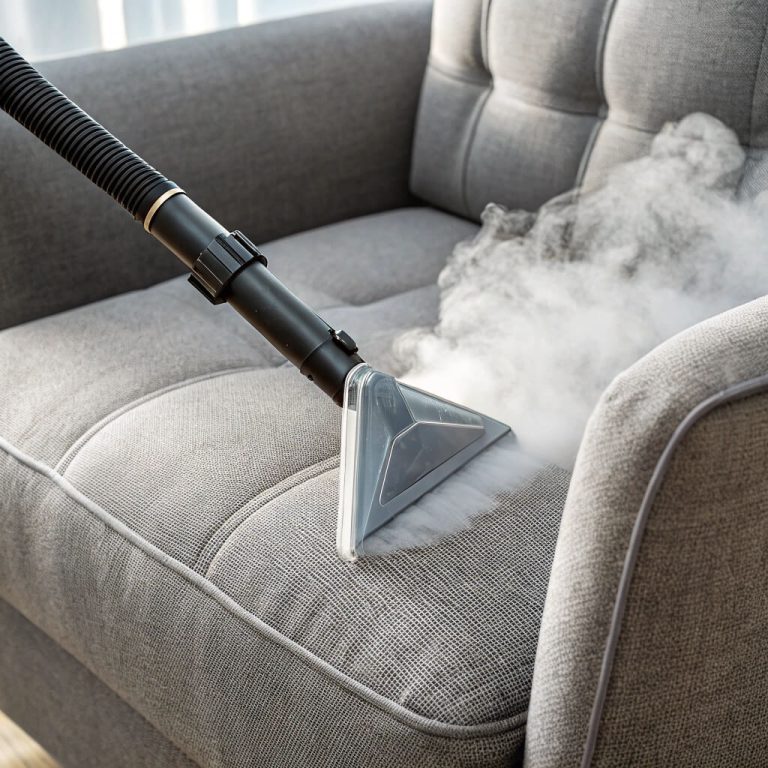Steaming polyester upholstery close-up