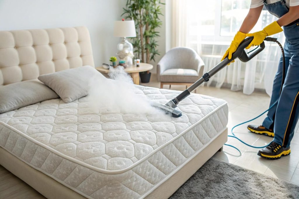 Deep mattress cleaning with hot steam to eliminate allergens and dust mites