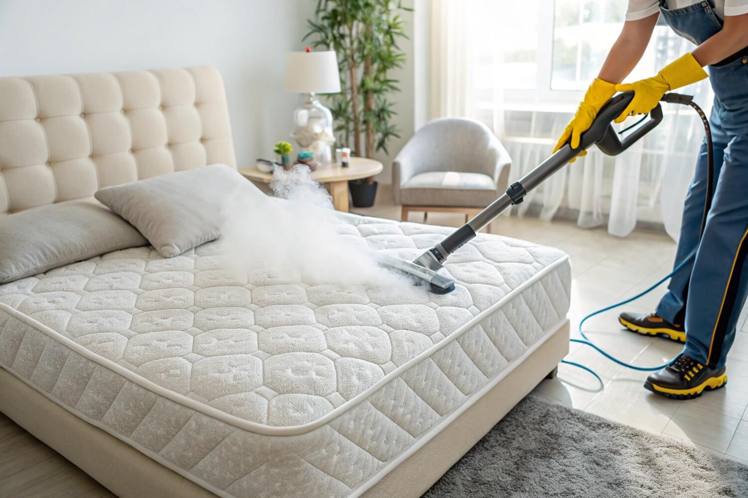 Deep mattress cleaning with hot steam to eliminate allergens and dust mites